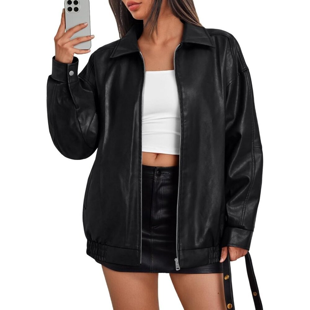 Women's Leather Bomber Moto Coat Jacket Black Trendy Queen Statement Piece